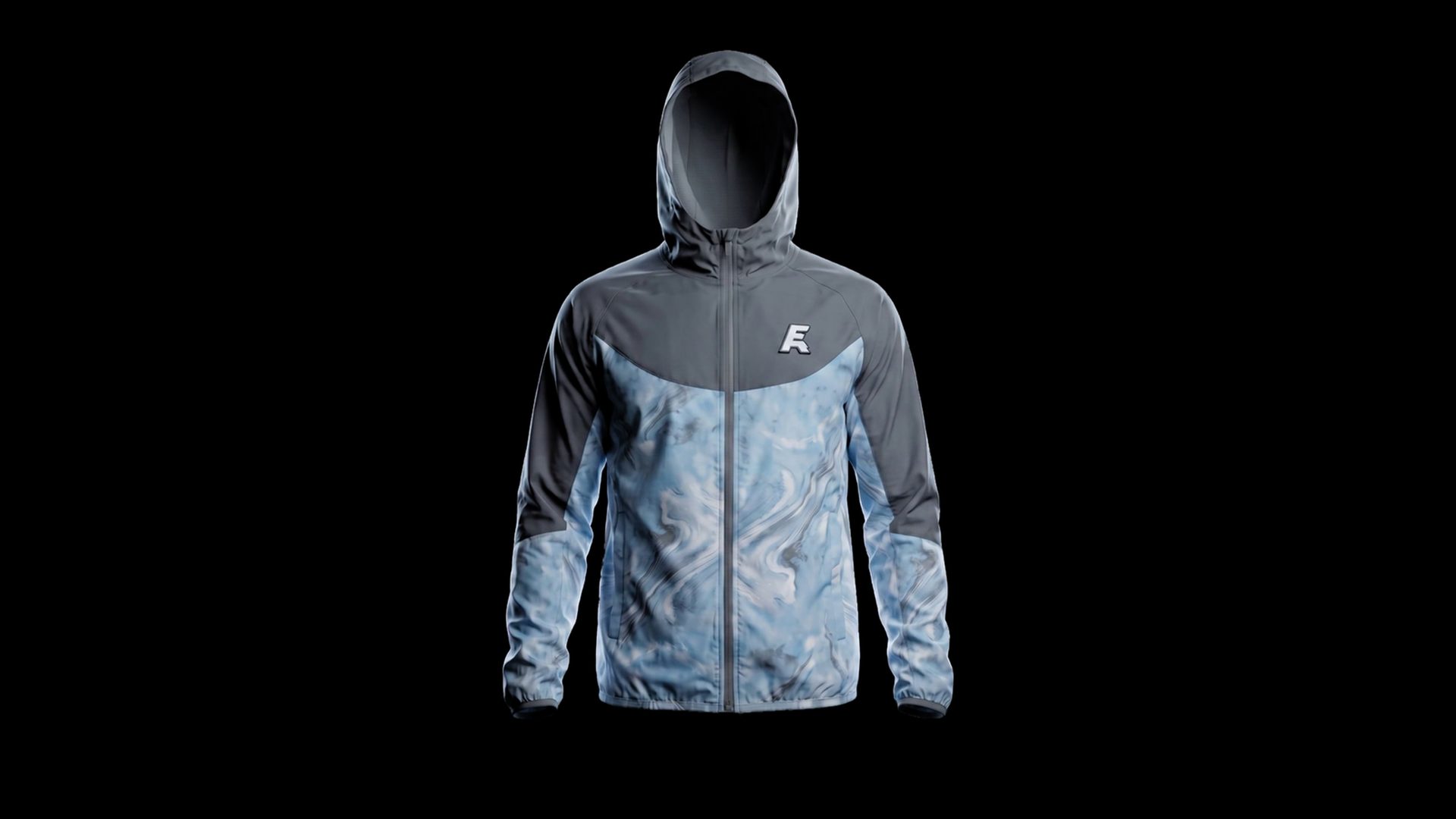 The Aurora Marble hooded jacket, zipped, floating on black